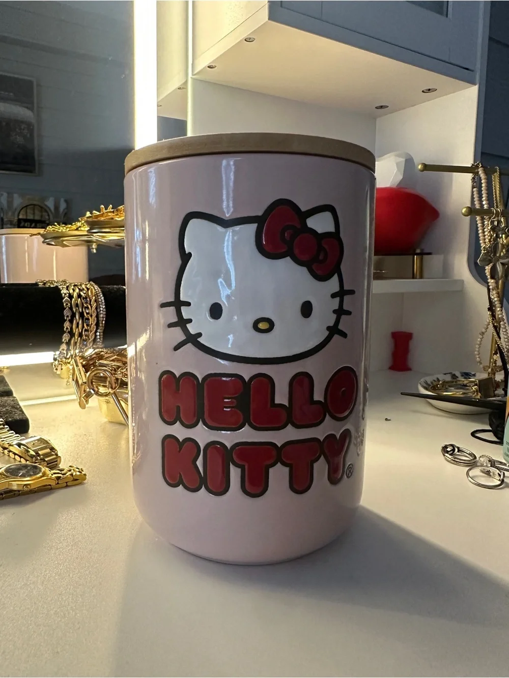 Sanrio Hello Kitty Pink Ceramic Coin Jar with Red Accents
